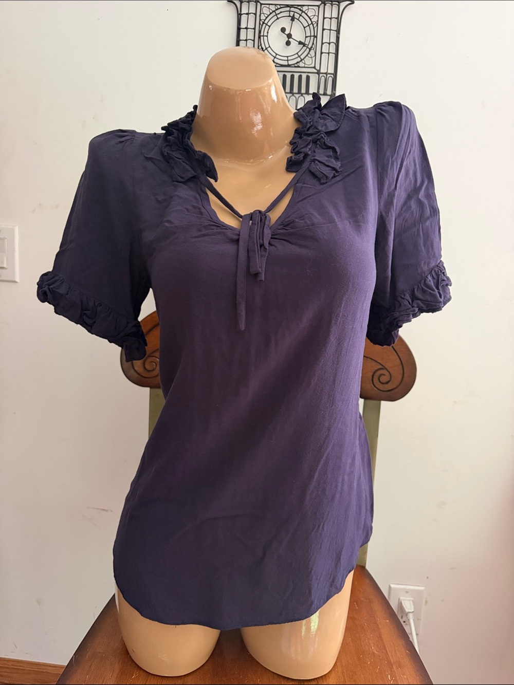 Vintage Odille Eggplant purple Ruffled Tie-Neck Blouse top 8